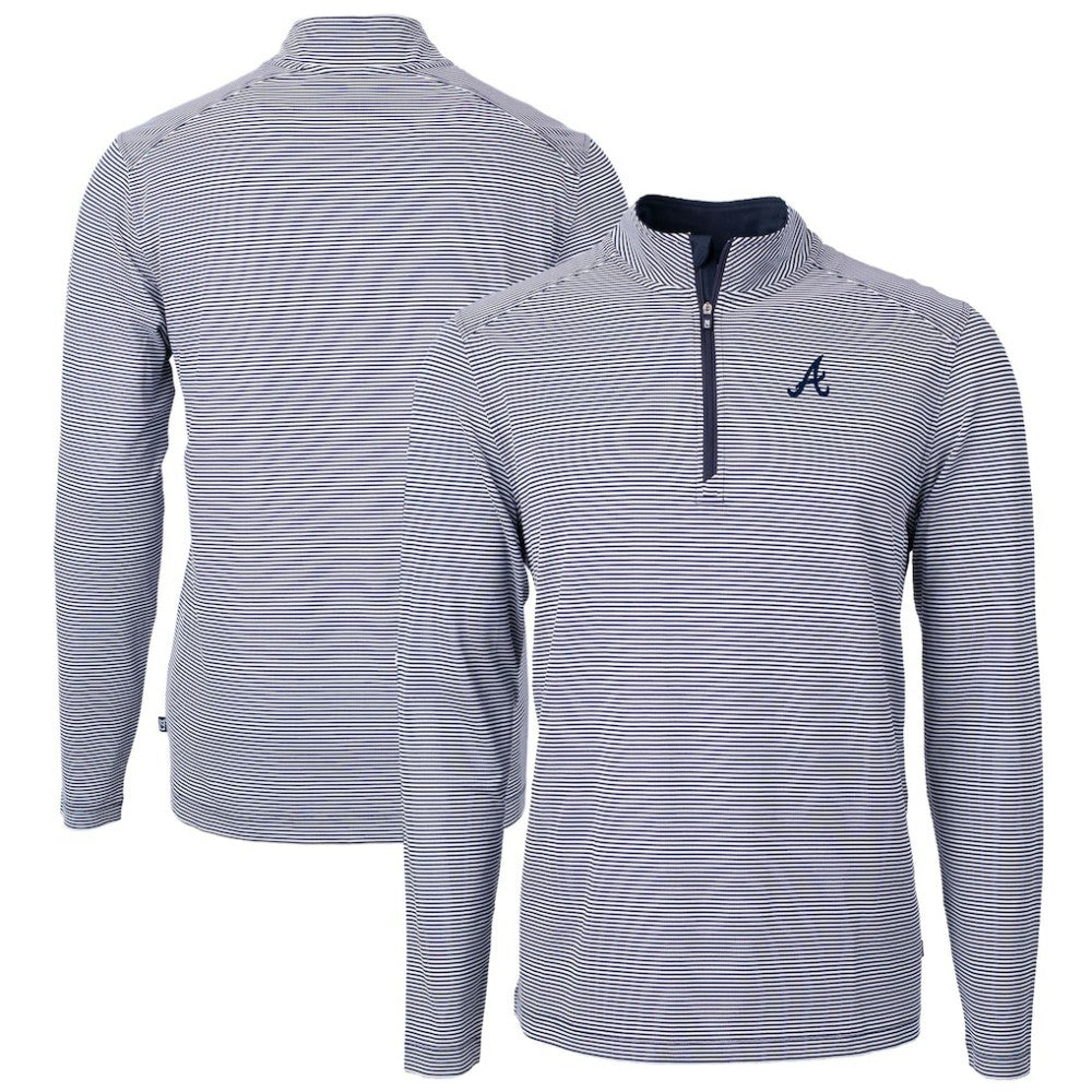 Navy/White Atlanta Braves Cutter & Buck Virtue Eco Pique Micro Stripe Recycled Quarter-Zip Pullover Top