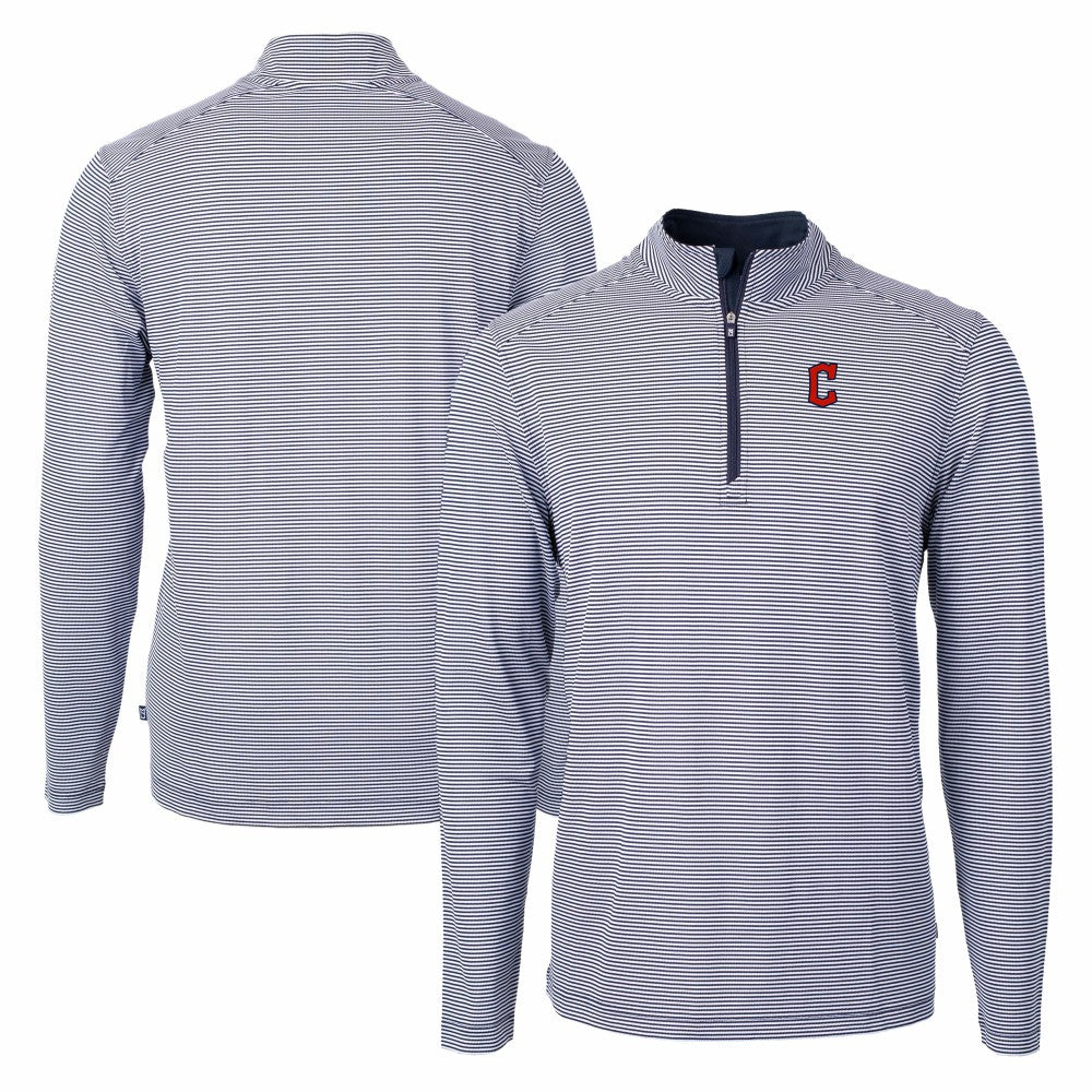 Navy/White Cleveland Guardians Cutter & Buck Virtue Eco Pique Micro Stripe Recycled Quarter-Zip Pullover Top