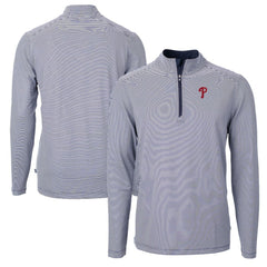 Navy/White Philadelphia Phillies Cutter & Buck Virtue Eco Pique Micro Stripe Recycled Quarter-Zip Pullover Top
