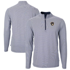 Navy/White Milwaukee Brewers Cutter & Buck Virtue Eco Pique Micro Stripe Big & Tall Recycled Quarter-Zip Pullover Top