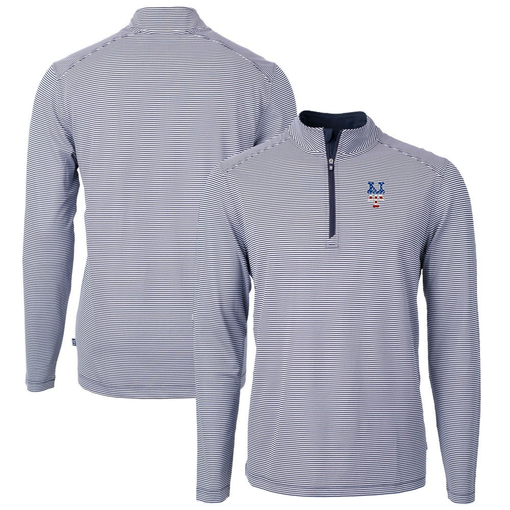 Navy New York Mets Cutter & Buck Americana Logo Virtue Eco Pique Stripe Recycled Quarter-Zip Pullover Top