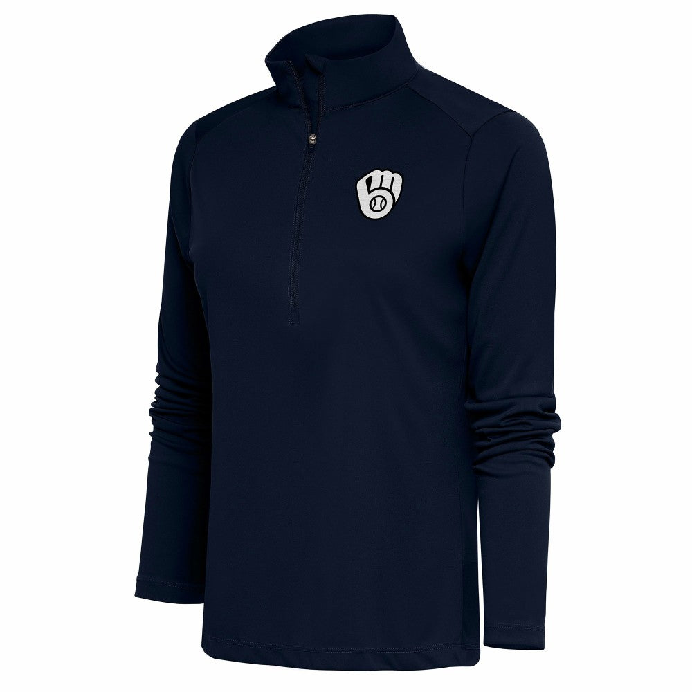 Navy Milwaukee Brewers Antigua Women's Brushed Metallic Tribute Half-Zip Pullover Top