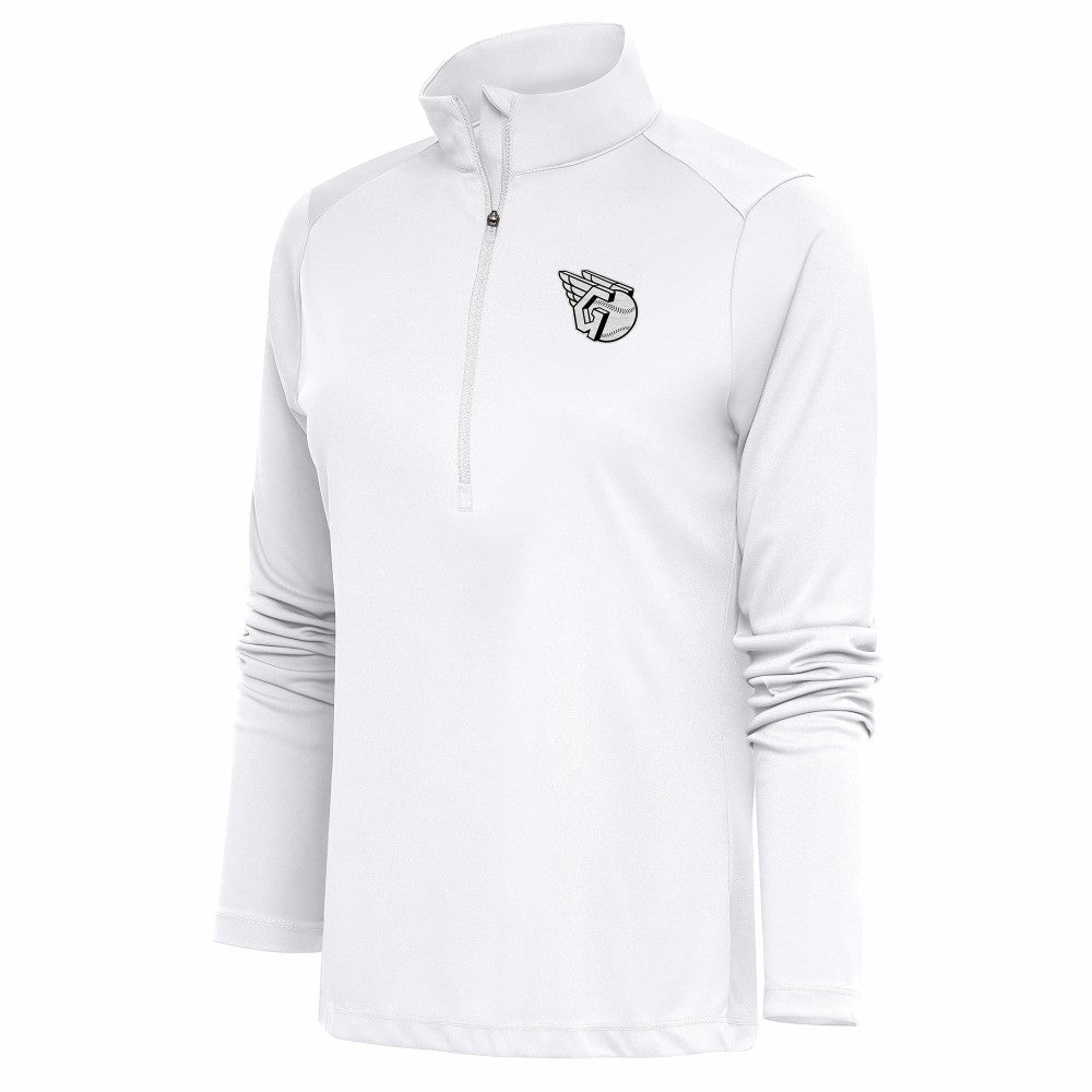 White Cleveland Guardians Antigua Women's Brushed Metallic Tribute Half-Zip Pullover Top