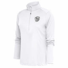 White Milwaukee Brewers Antigua Women's Brushed Metallic Tribute Half-Zip Pullover Top