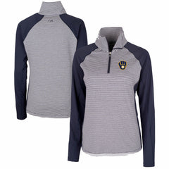 Navy Milwaukee Brewers Cutter & Buck Women's DryTec Forge Tonal Stripe Half-Zip Top