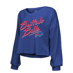Josh Allen Majestic Threads Women's Name & Number Off-Shoulder Script Cropped Long Sleeve Relaxed V-Neck T-Shirt - Buffalo Bills T-shirts
