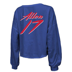 Josh Allen Majestic Threads Women's Name & Number Off-Shoulder Script Cropped Long Sleeve Relaxed V-Neck T-Shirt - Buffalo Bills T-shirts