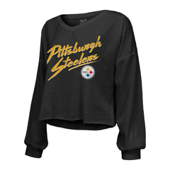 T.J. Watt Majestic Threads Women's Name & Number Off-Shoulder Script Cropped Long Sleeve Relaxed V-Neck T-Shirt - Pittsburgh Steelers T-shirts