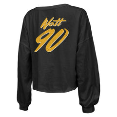T.J. Watt Majestic Threads Women's Name & Number Off-Shoulder Script Cropped Long Sleeve Relaxed V-Neck T-Shirt - Pittsburgh Steelers T-shirts
