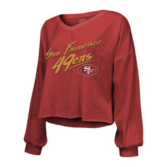 Christian McCaffrey Majestic Threads Women's Name & Number Off-Shoulder Script Cropped Long Sleeve V-Neck T-Shirt - San Francisco 49ers T-shirts