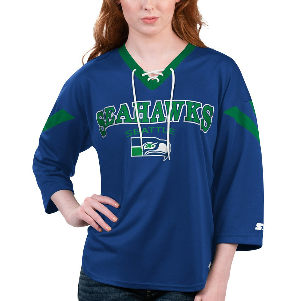 Starter Women's Rally Lace-Up 3/4 Sleeve T-Shirt - Seattle Seahawks T-shirts