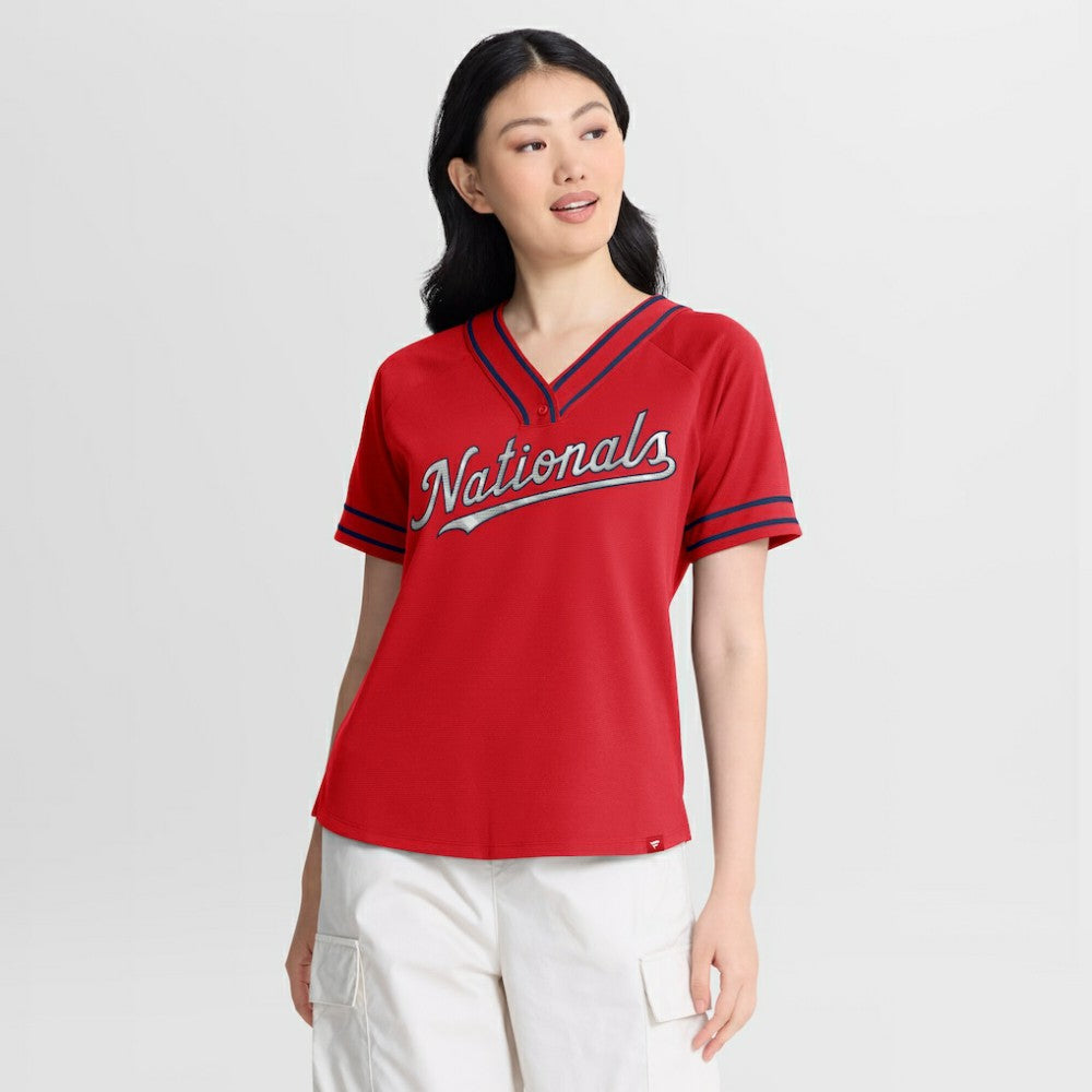 Red Washington Nationals Fanatics Women's Diva Race Ahead Raglan V-Neck T-Shirt