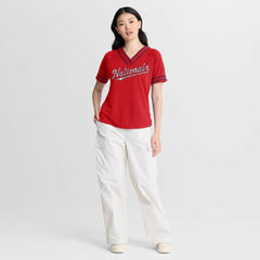 Red Washington Nationals Fanatics Women's Diva Race Ahead Raglan V-Neck T-Shirt