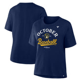 Navy Milwaukee Brewers Women's 2025 MLB Postseason Locker Room T-Shirt