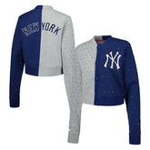 Gray/Navy New York Yankees Terez Women's Cropped Button-Up Cardigan