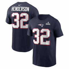 TreVeyon Henderson Super Bowl LX Patch Name & Number T-Shirt - New England Patriots T-shirts