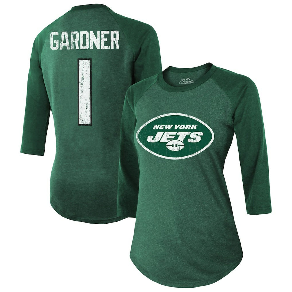 Ahmad Sauce Gardner Majestic Threads Women's Player Name & Number Tri-Blend 3/4-Sleeve Fitted T-Shirt - New York Jets T-shirts