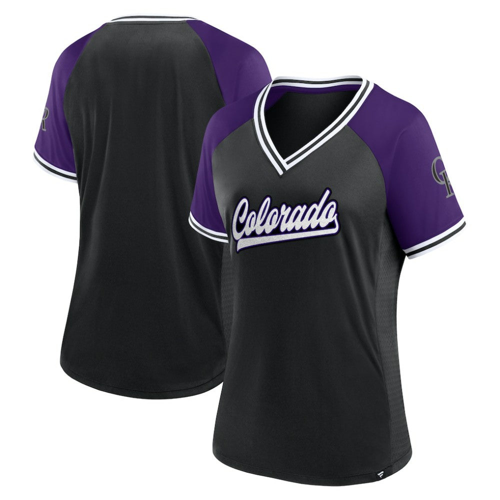 Black Colorado Rockies Fanatics Women's Glitz & Glam League Diva Raglan V-Neck T-Shirt
