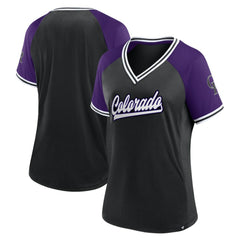 Black Colorado Rockies Fanatics Women's Glitz & Glam League Diva Raglan V-Neck T-Shirt