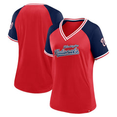 Red Washington Nationals Fanatics Women's Glitz & Glam League Diva Raglan V-Neck T-Shirt
