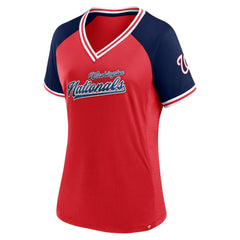 Red Washington Nationals Fanatics Women's Glitz & Glam League Diva Raglan V-Neck T-Shirt