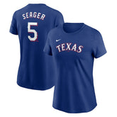 Royal Corey Seager Texas Rangers Nike Women's Cooperstown Collection Fuse Name & Number T-Shirt