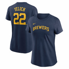 Navy Christian Yelich Milwaukee Brewers Nike Women's Cooperstown Collection Fuse Name & Number T-Shirt