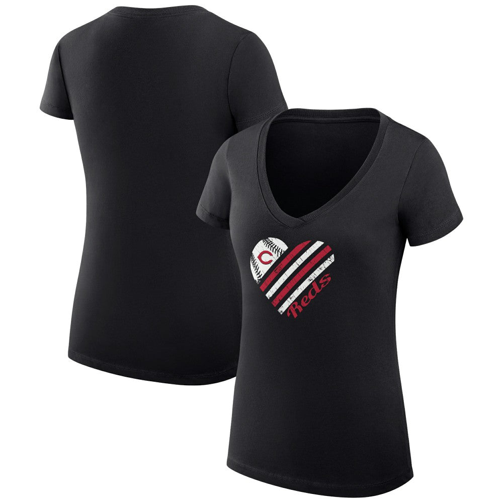 Black Cincinnati Reds G-III 4Her by Carl Banks Women's Super-Slim Fit Lightweight Heart V-Neck T-Shirt