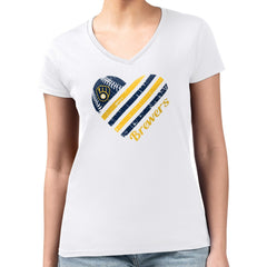 White Milwaukee Brewers G-III 4Her by Carl Banks Women's Super-Slim Fit Lightweight Heart V-Neck T-Shirt