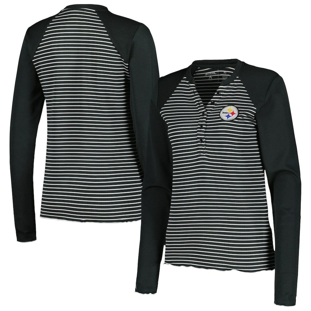 Antigua Women's Maverick Waffle Henley Long Sleeve T-Shirt - Pittsburgh Steelers T-shirts
