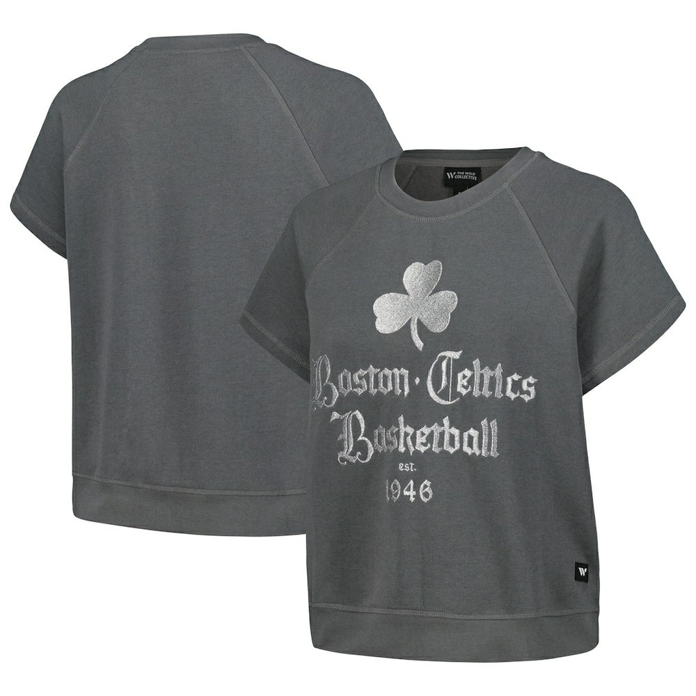 Boston Celtics The Wild Collective Women's Embroidered Fleece Raglan Short Sleeve Pullover Sweatshirt