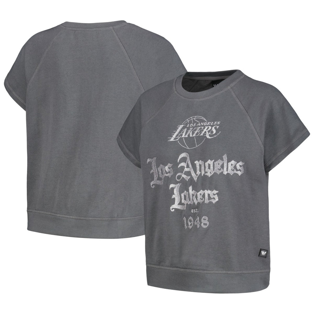 Los Angeles Lakers The Wild Collective Women's Embroidered Fleece Raglan Short Sleeve Pullover Sweatshirt