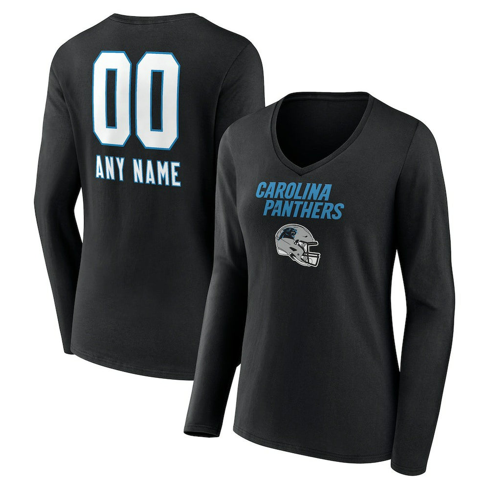 Women's Personalized Name & Number Team Wordmark Long Sleeve V-Neck T-Shirt - Carolina Panthers T-shirts