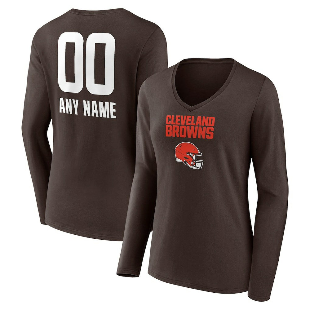 Women's Personalized Name & Number Team Wordmark Long Sleeve V-Neck T-Shirt - Cleveland Browns T-shirts