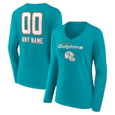 Women's Personalized Name & Number Team Wordmark Long Sleeve V-Neck T-Shirt - Miami Dolphins T-shirts