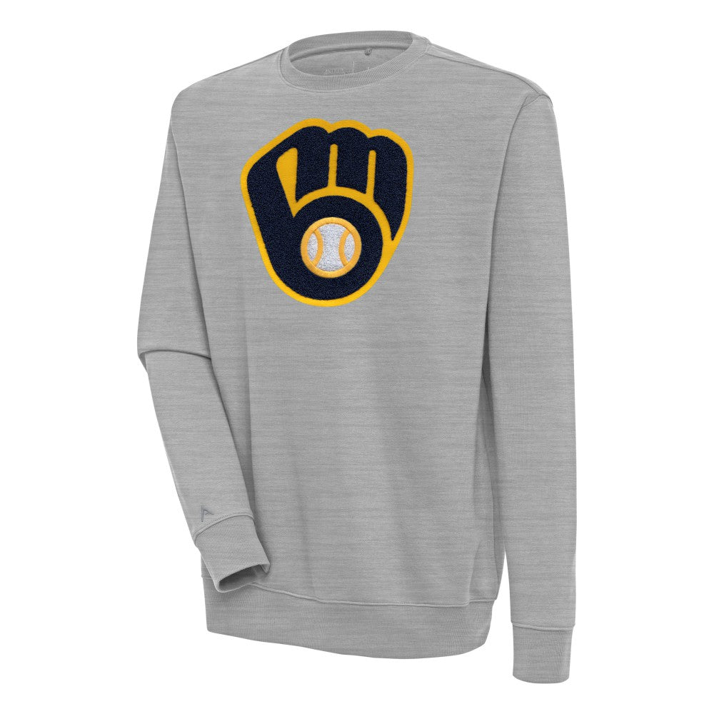Heather Gray Milwaukee Brewers Antigua Victory Crewneck Chenille Pullover Sweatshirt