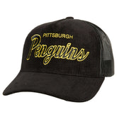 NHL Pittsburgh Penguins Mitchell & Ness Times Up Classic Script Cord Trucker Adjustable Hat