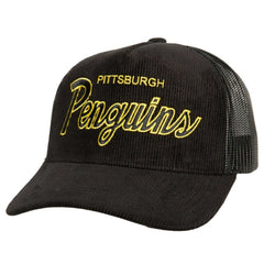 NHL Pittsburgh Penguins Mitchell & Ness Times Up Classic Script Cord Trucker Adjustable Hat