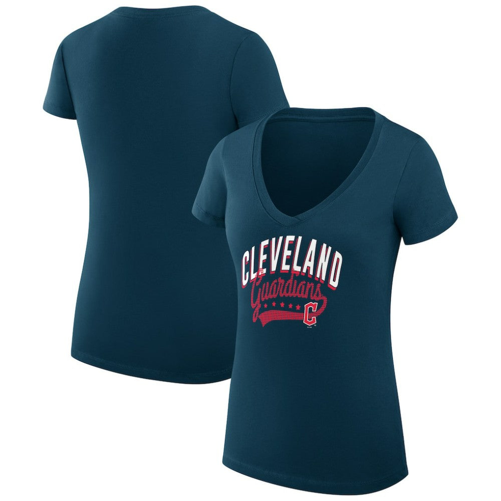 Navy Cleveland Guardians G-III 4Her by Carl Banks Women's Super-Slim Fit Lightweight Filigree Team V-Neck T-Shirt
