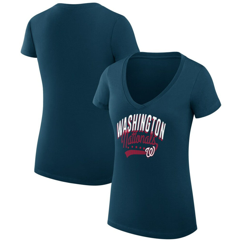 Navy Washington Nationals G-III 4Her by Carl Banks Women's Super-Slim Fit Lightweight Filigree Team V-Neck T-Shirt