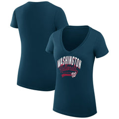 Navy Washington Nationals G-III 4Her by Carl Banks Women's Super-Slim Fit Lightweight Filigree Team V-Neck T-Shirt