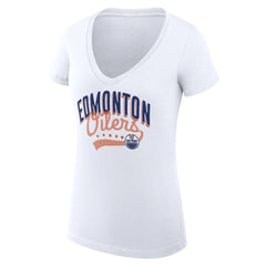 NHL Edmonton Oilers G-III 4Her by Carl Banks Women's Super-Slim Fit Lightweight Filigree Logo V-Neck T-Shirt – White