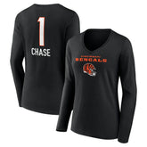 Ja'Marr Chase Women's Team Wordmark Player Name & Number Long Sleeve V-Neck T-Shirt - Cincinnati Bengals T-shirts