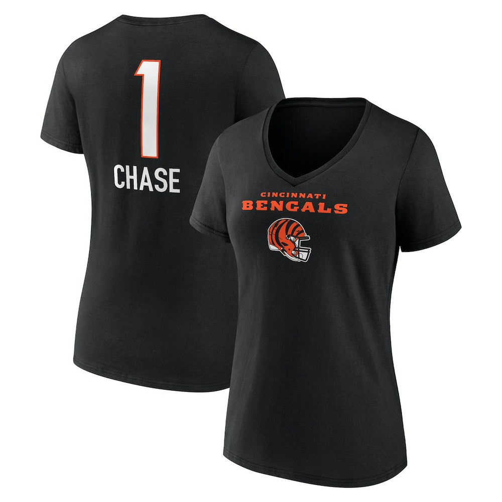 Ja'Marr Chase Women's Team Wordmark Player Name & Number V-Neck T-Shirt - Cincinnati Bengals T-shirts