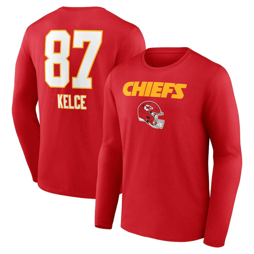 Travis Kelce Team Wordmark Player Name & Number Long Sleeve T-Shirt - Kansas City Chiefs T-shirts
