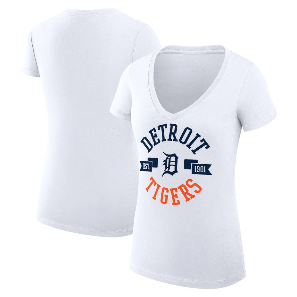 White Detroit Tigers G-III 4Her by Carl Banks Women's Super-Slim Fit Lightweight City Graphic V-Neck T-Shirt