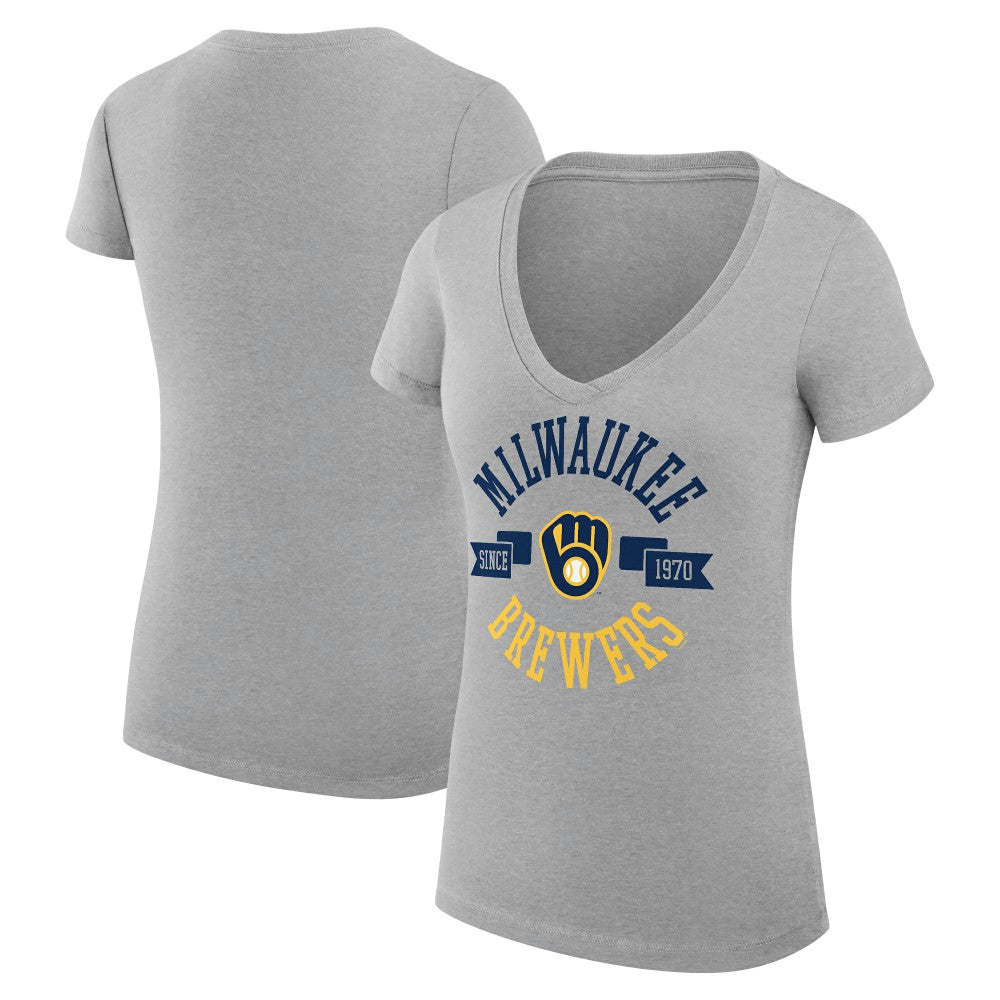 Heather Gray Milwaukee Brewers G-III 4Her by Carl Banks Women's Super-Slim Fit Lightweight City Graphic V-Neck T-Shirt