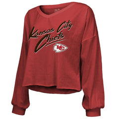 Travis Kelce Majestic Threads Women's Name & Number Off-Shoulder Script Cropped Long Sleeve V-Neck T-Shirt - Kansas City Chiefs T-shirts