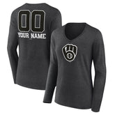 Charcoal Milwaukee Brewers Women's Personalized Monochrome Name & Number Long Sleeve V-Neck T-Shirt