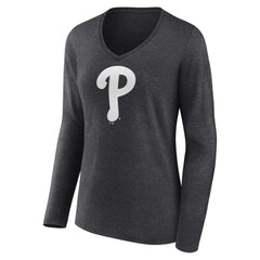 Charcoal Philadelphia Phillies Women's Personalized Monochrome Name & Number Long Sleeve V-Neck T-Shirt
